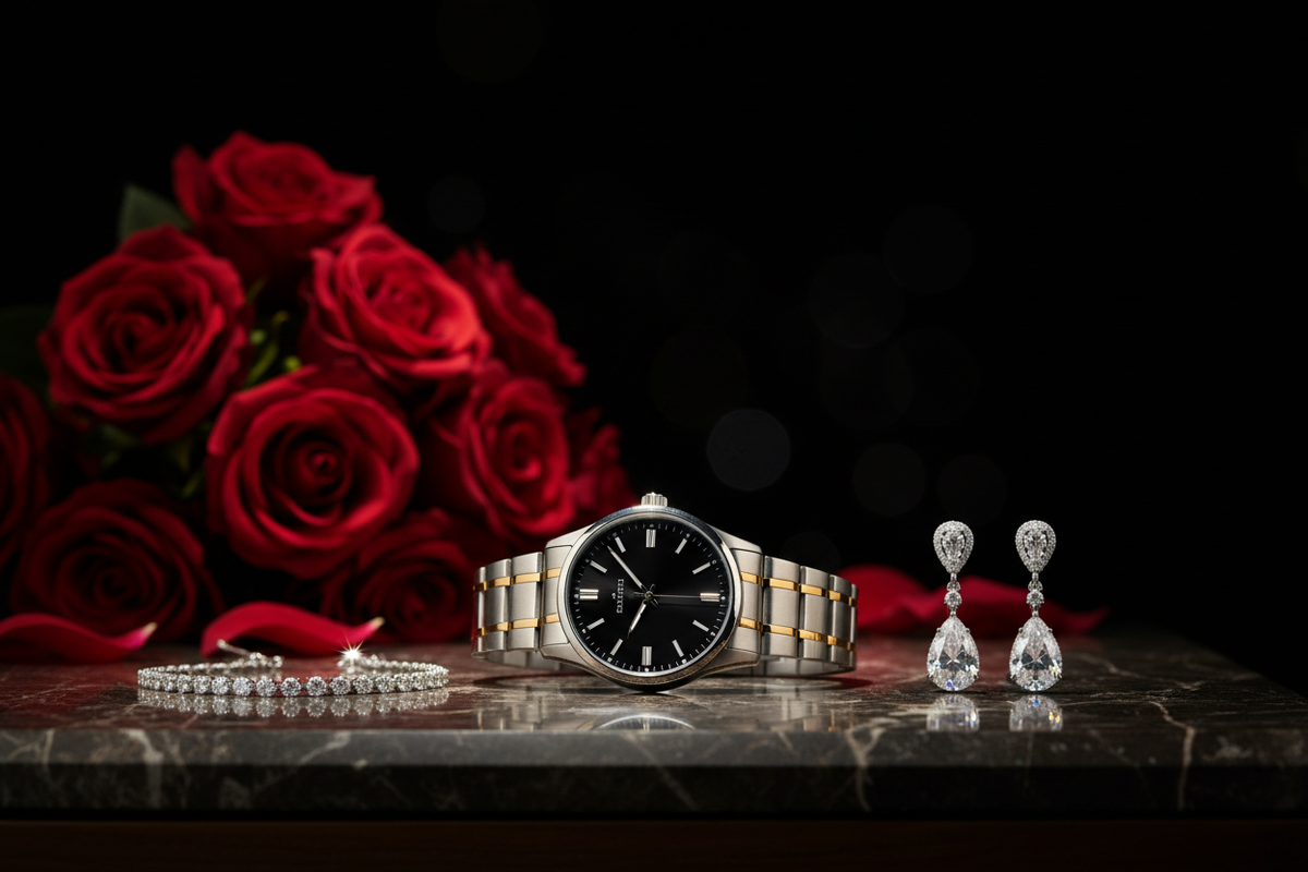 generate a wide image for a valentines day collection in very black color in general, with a bedroom table with flowers, a luxury male watch and a necklace and a set of earrings for women,.. all products are shining and sparkling